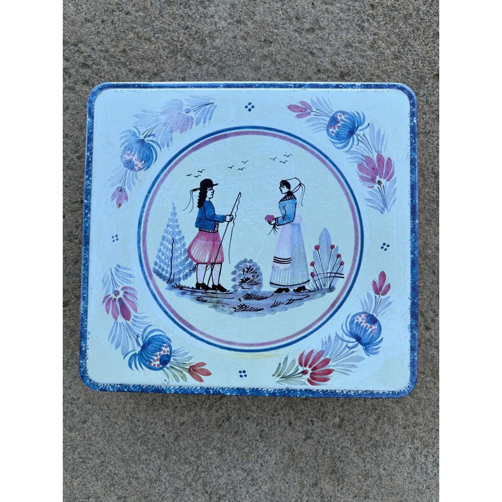 Vintage Massilly France Square Tin Folk Art Couple Floral Blue Pink Metal Box